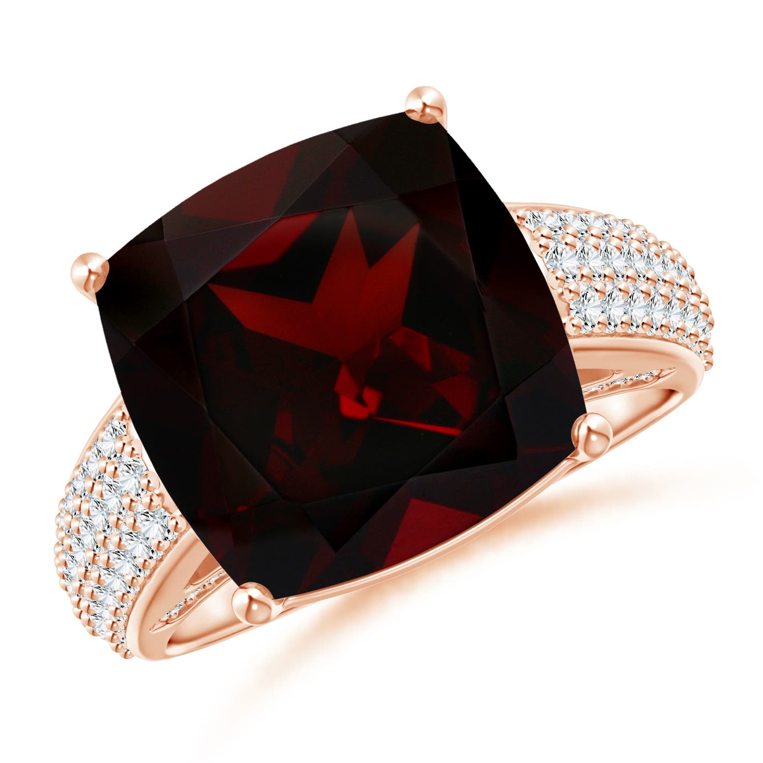 12.07x12.05x6.67mm AAA GIA Certified Cushion Garnet Ring with Pave-Set Diamonds in 18CT Rose Gold