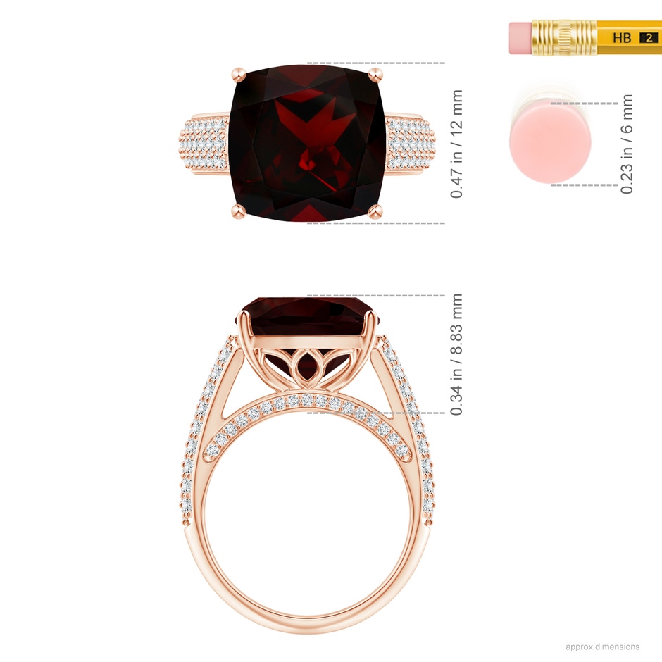 12.07x12.05x6.67mm AAA GIA Certified Cushion Garnet Ring with Pave-Set Diamonds in 18K Rose Gold ruler