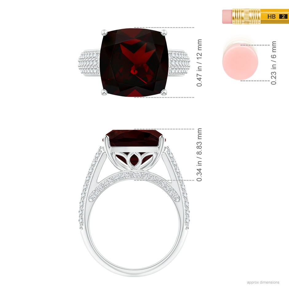 12.07x12.05x6.67mm AAA GIA Certified Cushion Garnet Ring with Pave-Set Diamonds in 18K White Gold ruler