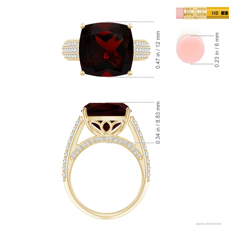 12.07x12.05x6.67mm AAA GIA Certified Cushion Garnet Ring with Pave-Set Diamonds in 18K Yellow Gold ruler