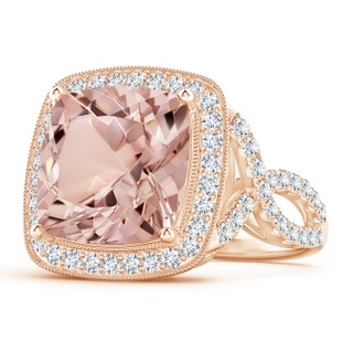 12mm AAAA Cushion Morganite Crossover Ring with Diamond Halo in Rose Gold