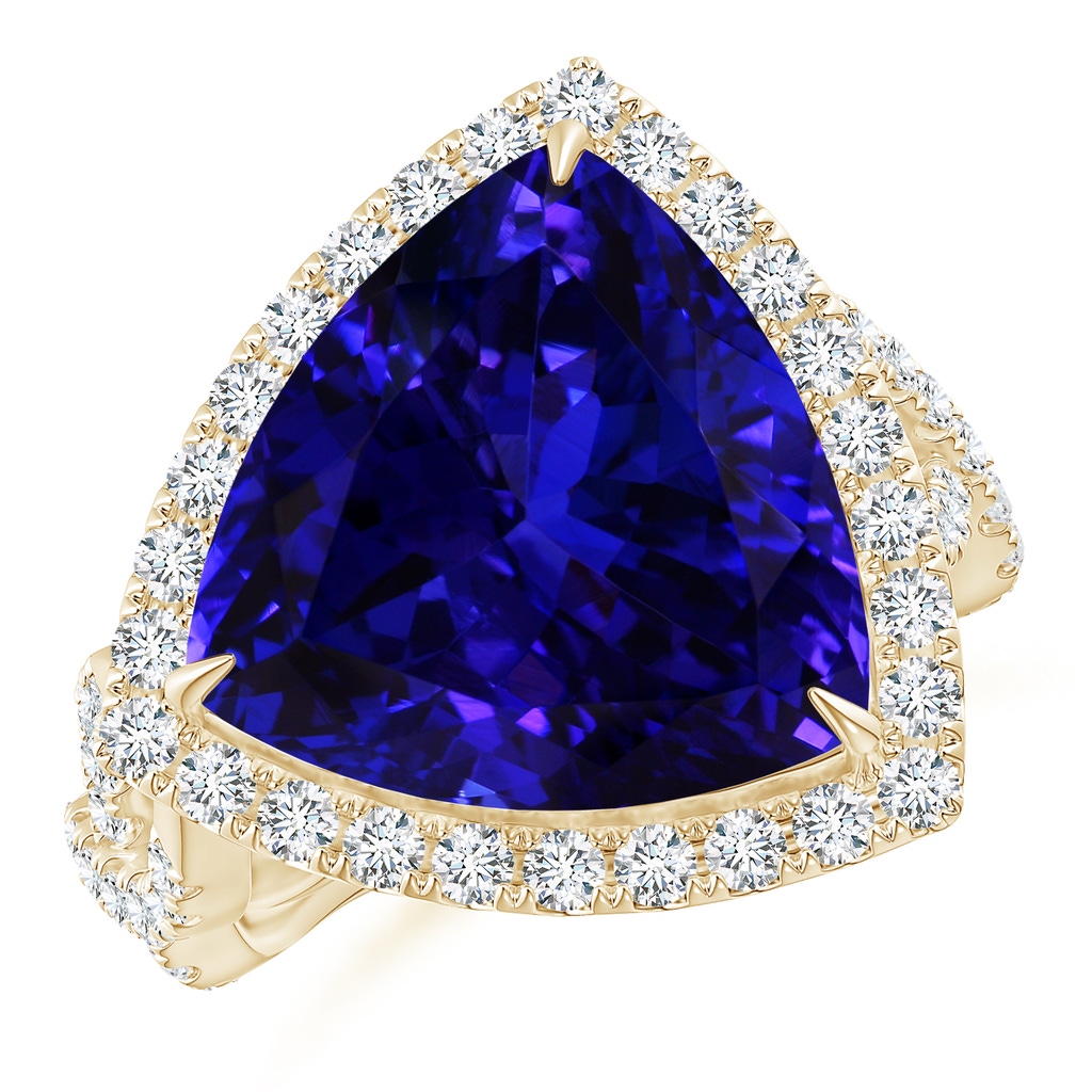 14.56x14.91x9.33mm AAAA Trillion GIA Certified Tanzanite Crossover Shank Ring in Yellow Gold