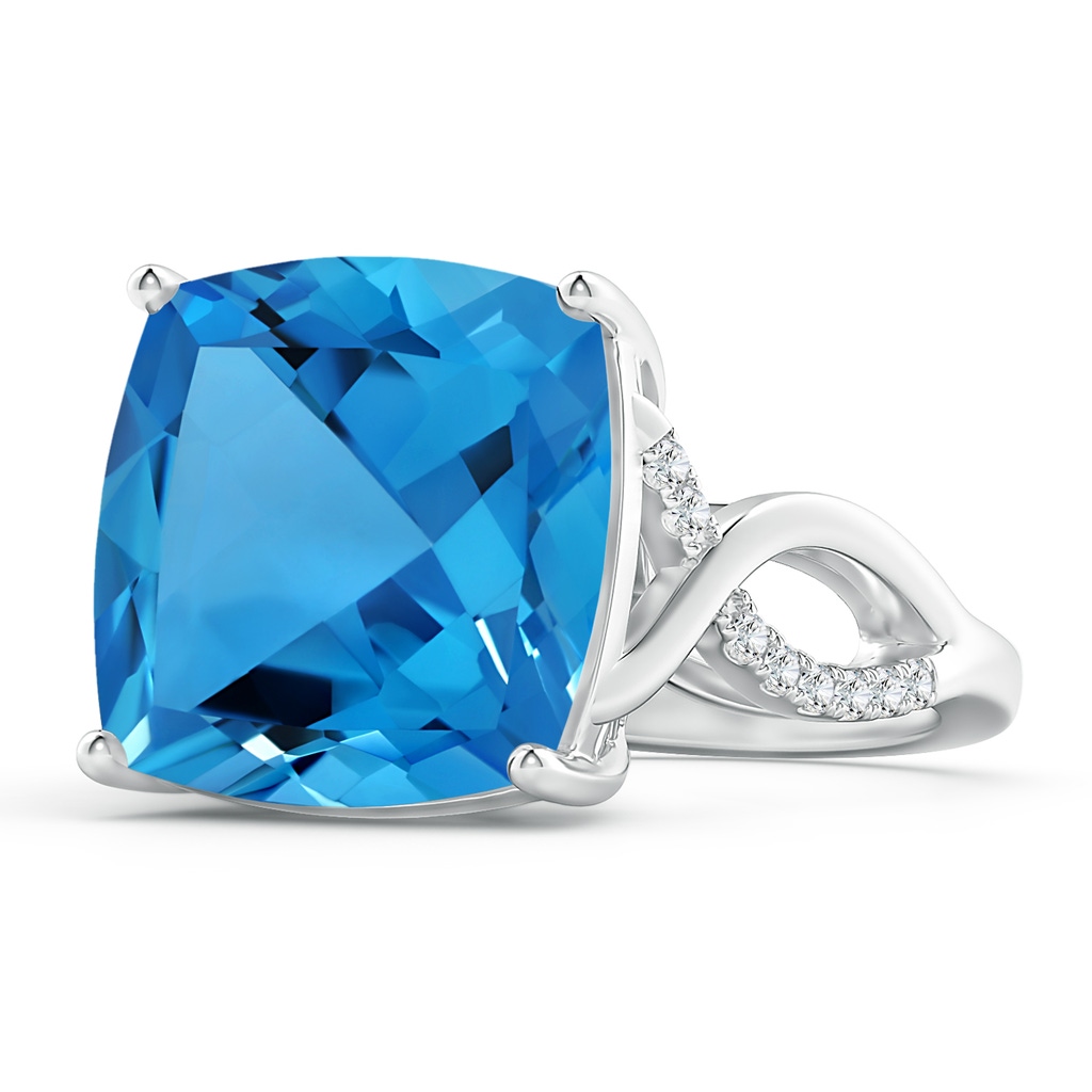 14mm AAAA Prong-Set Cushion Swiss Blue Topaz Twisted Shank Ring in White Gold