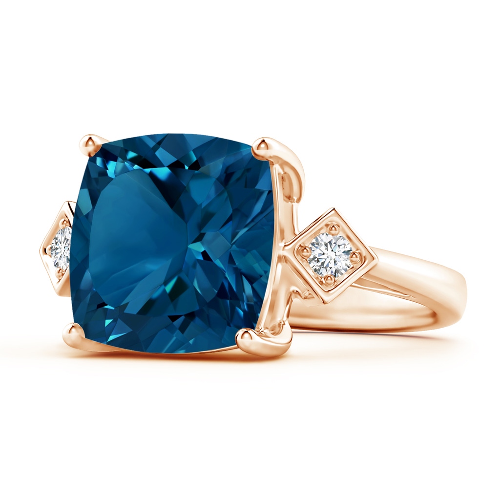 12mm AAAA Cushion London Blue Topaz Ring with Diamonds in Rose Gold