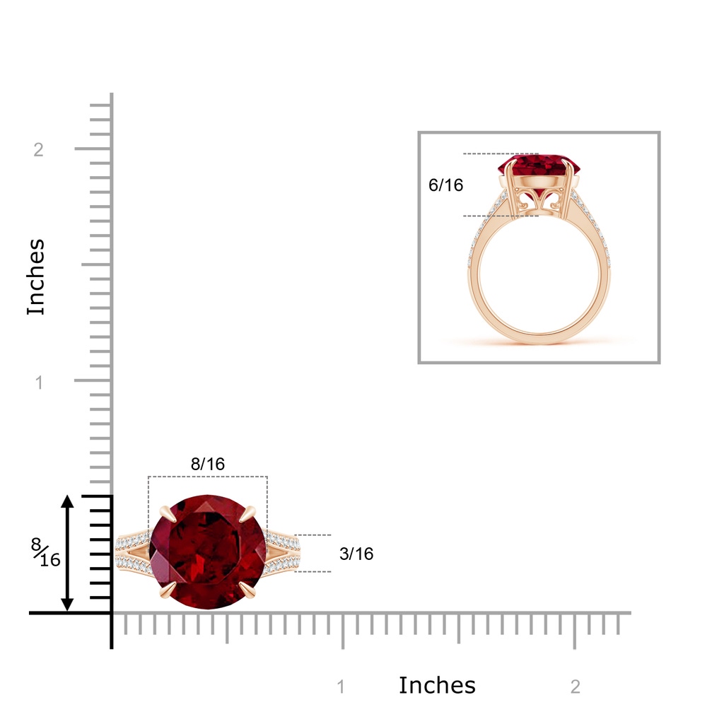 12mm AAA Claw-Set Round Garnet Split Shank Ring in Rose Gold Ruler