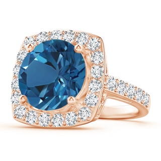 12.03x11.94x7.52mm AAAA GIA Certified London Blue Topaz Cushion Halo Ring with Diamonds in 18K Rose Gold