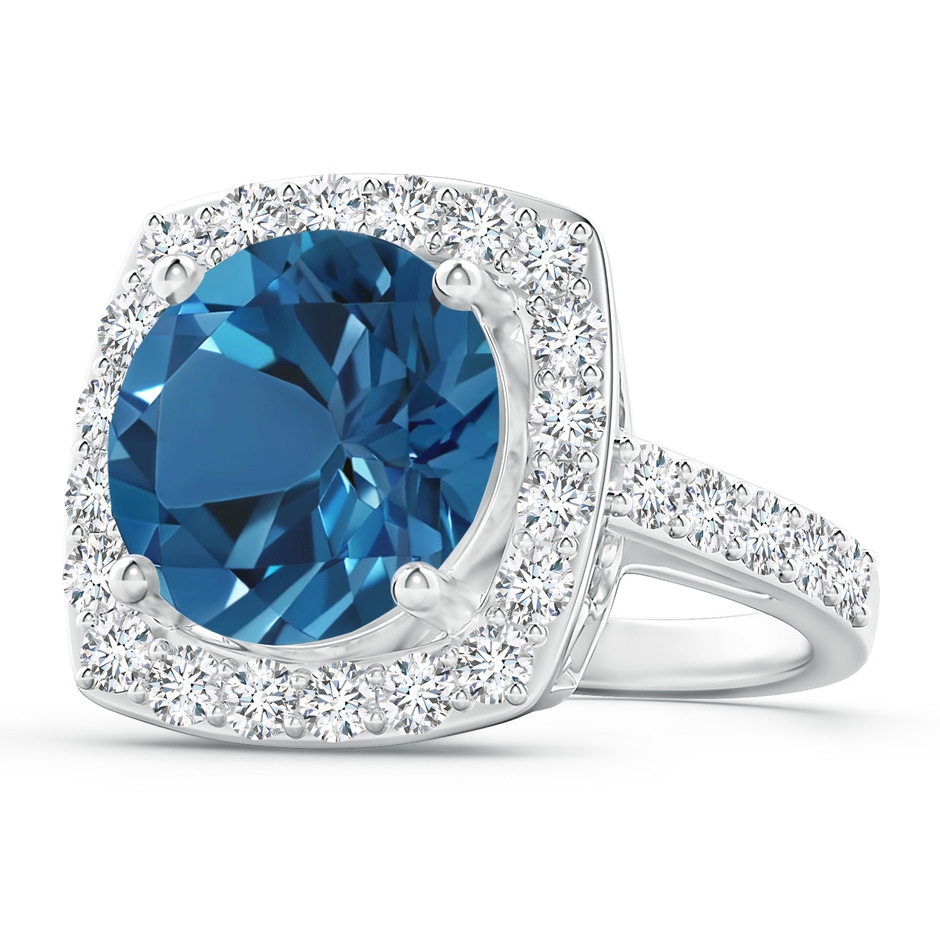 12.03x11.94x7.52mm AAAA GIA Certified London Blue Topaz Cushion Halo Ring with Diamonds in White Gold 