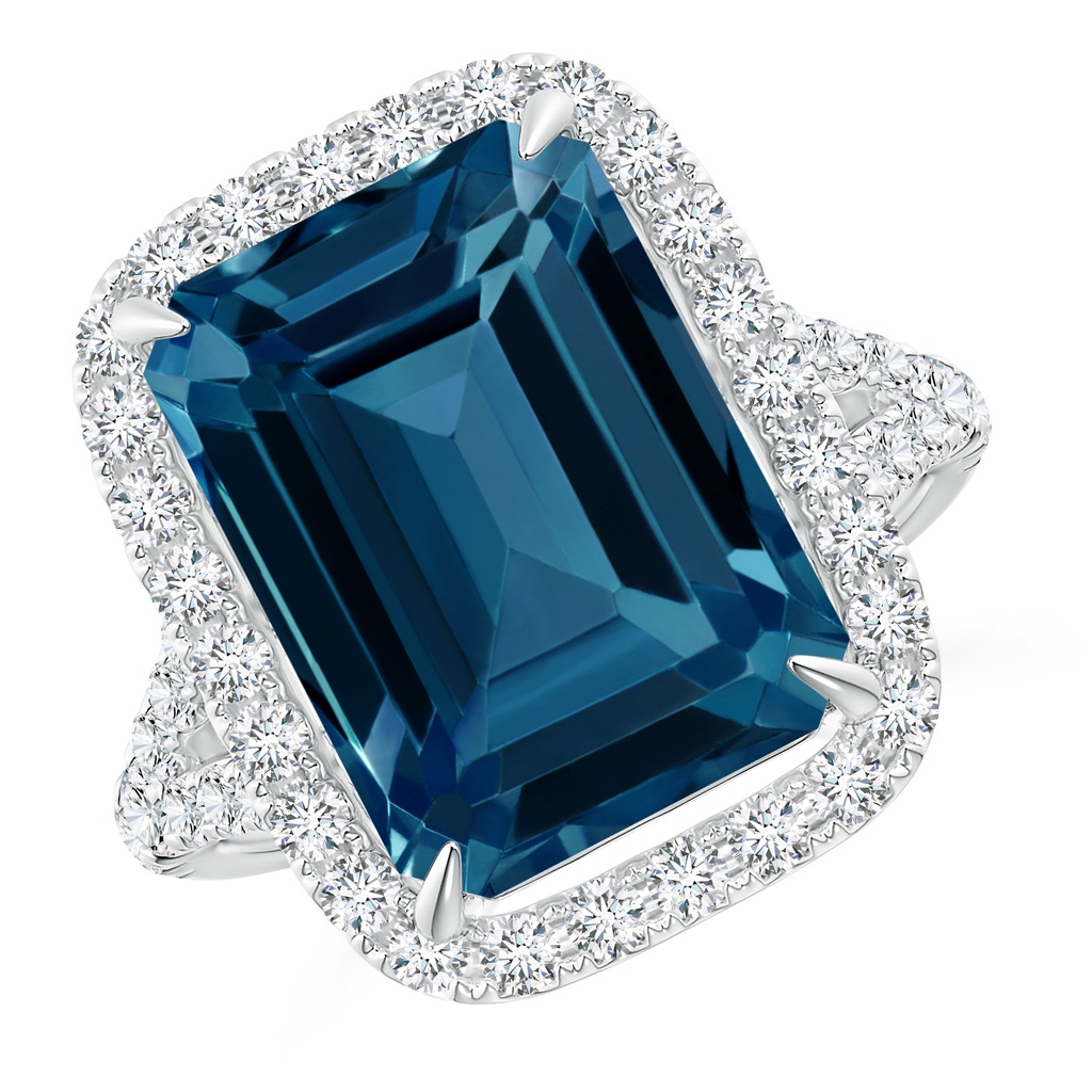 14x10mm AAAA Emerald-Cut London Blue Topaz Halo Ring with Pavé Diamonds in White Gold 