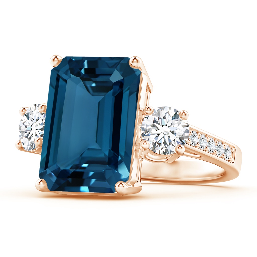 14x10mm AAAA Emerald-Cut London Blue Topaz and Diamond Three Stone Ring in Rose Gold