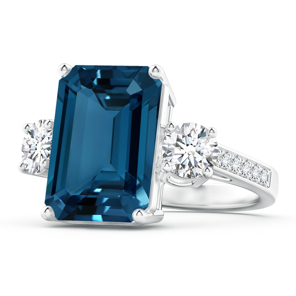 14x10mm AAAA Emerald-Cut London Blue Topaz and Diamond Three Stone Ring in White Gold