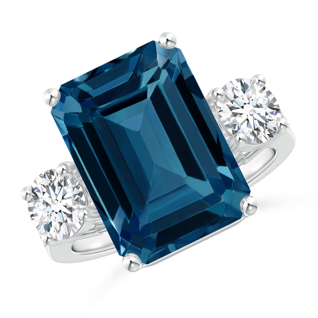 14x10mm AAAA Emerald-Cut London Blue Topaz and Diamond Three Stone Ring in White Gold Product Image