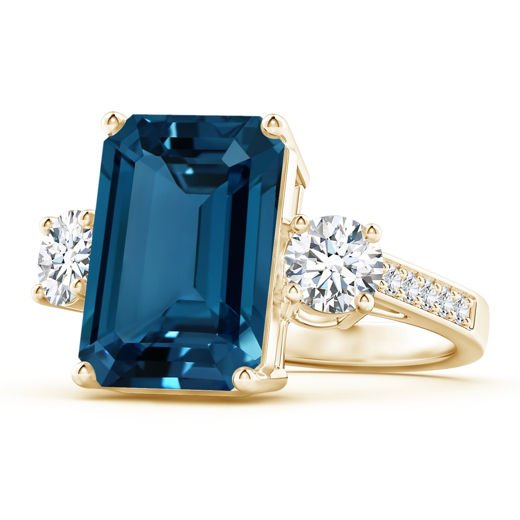 14x10mm AAAA Emerald-Cut London Blue Topaz and Diamond Three Stone Ring in Yellow Gold