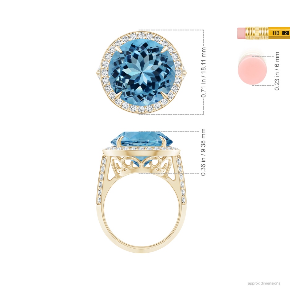 14.00-14.07x8.50mm AAAA Classic GIA Certified Sky Blue Topaz Halo Ring with Diamonds in Yellow Gold ruler