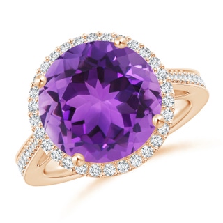 12mm AAA Classic Round Amethyst Halo Ring with Diamonds in Rose Gold