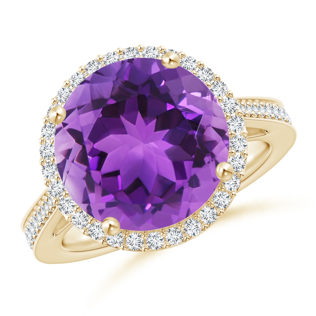 12mm AAA Classic Round Amethyst Halo Ring with Diamonds in Yellow Gold