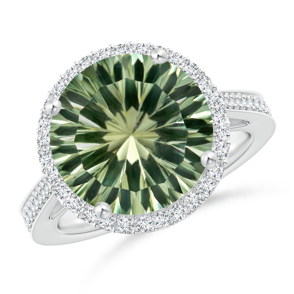 11.98-12.05x7.75mm AAAA Classic Green Amethyst Halo Ring with Diamonds in 10K White Gold