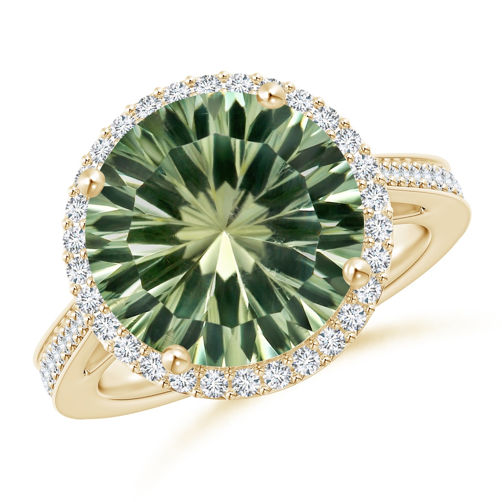 11.98-12.05x7.75mm AAAA Classic Green Amethyst Halo Ring with Diamonds in 10K Yellow Gold