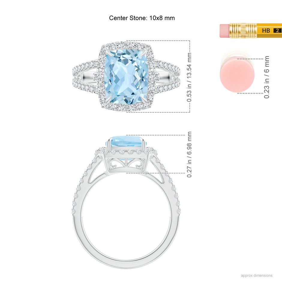 10x8mm AAA Claw-Set Cushion Aquamarine Split Shank Cocktail Halo Ring in White Gold Ruler