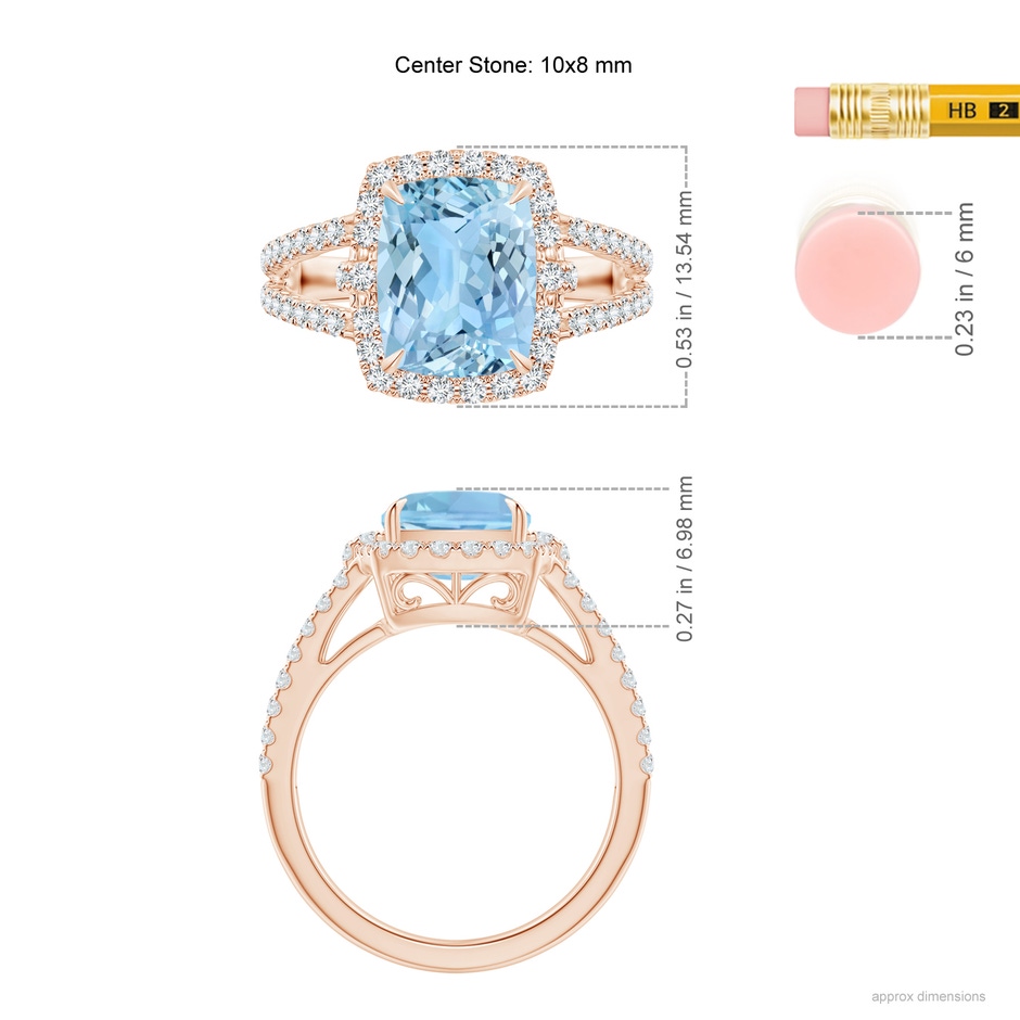 10x8mm AAAA Claw-Set Cushion Aquamarine Split Shank Cocktail Halo Ring in Rose Gold Ruler