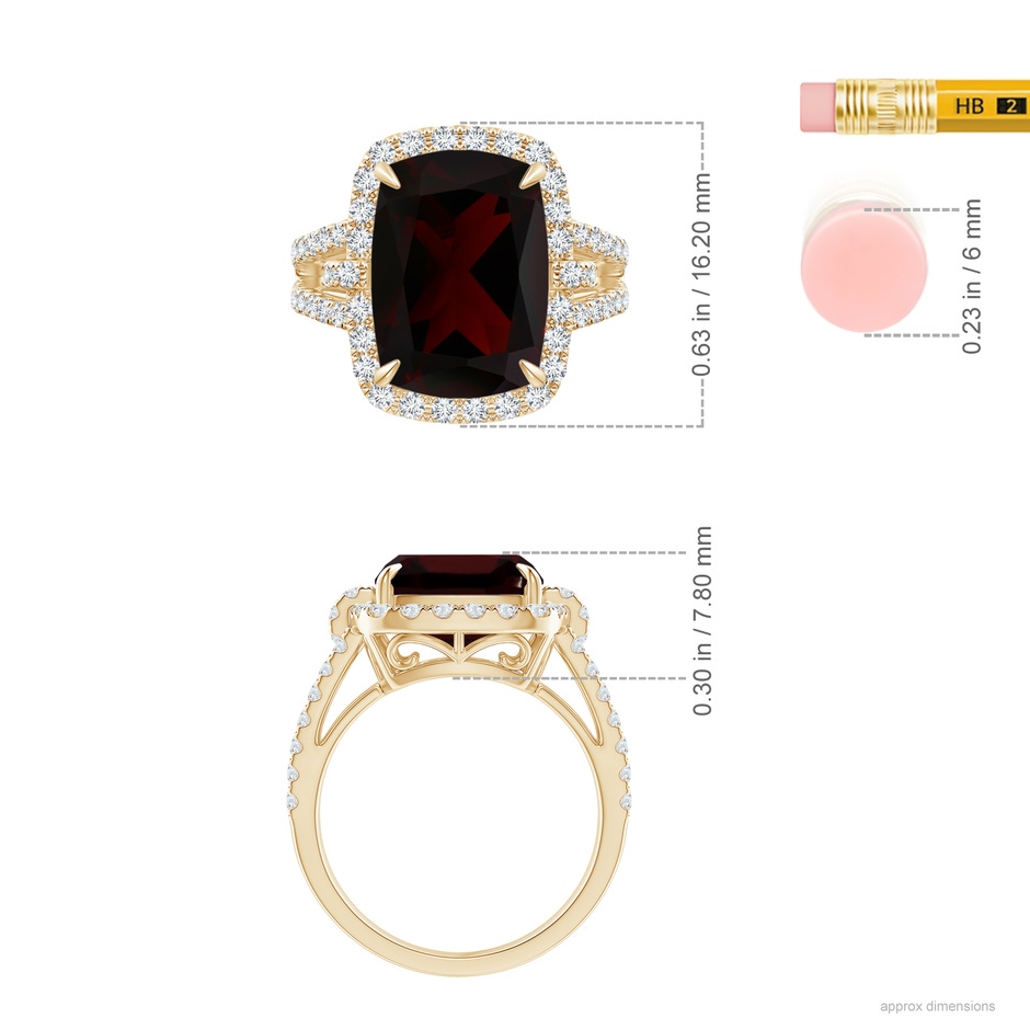 12.14x10.07x5.94mm AAA GIA Certified Rectangular Cushion Garnet Halo Ring in Yellow Gold ruler