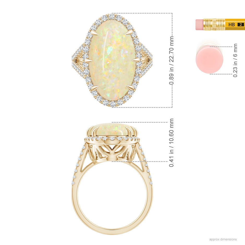 18.19x11.95x5mm AAAA GIA Certified Oval Opal Split Shank Ring with Diamond Halo in Yellow Gold ruler
