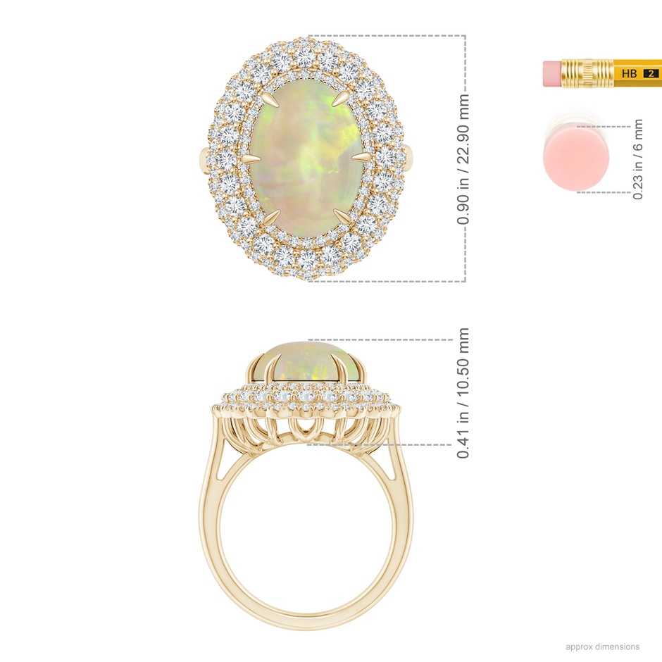 14.35x10.26x3.88mm AAA GIA Certified Oval Opal Ring with Diamond Triple Halo in Yellow Gold ruler