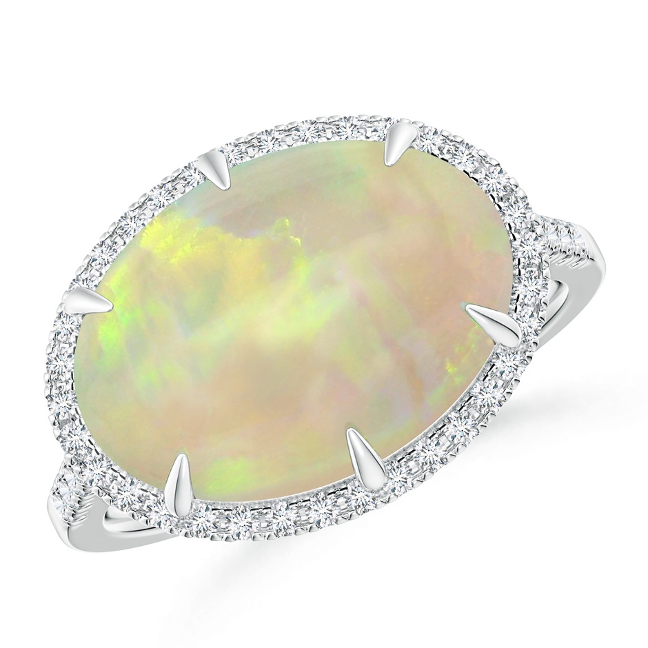 14.35x10.26x3.88mm AAA GIA Certified East-West Oval Opal Ring with Diamond Halo in 18K White Gold 