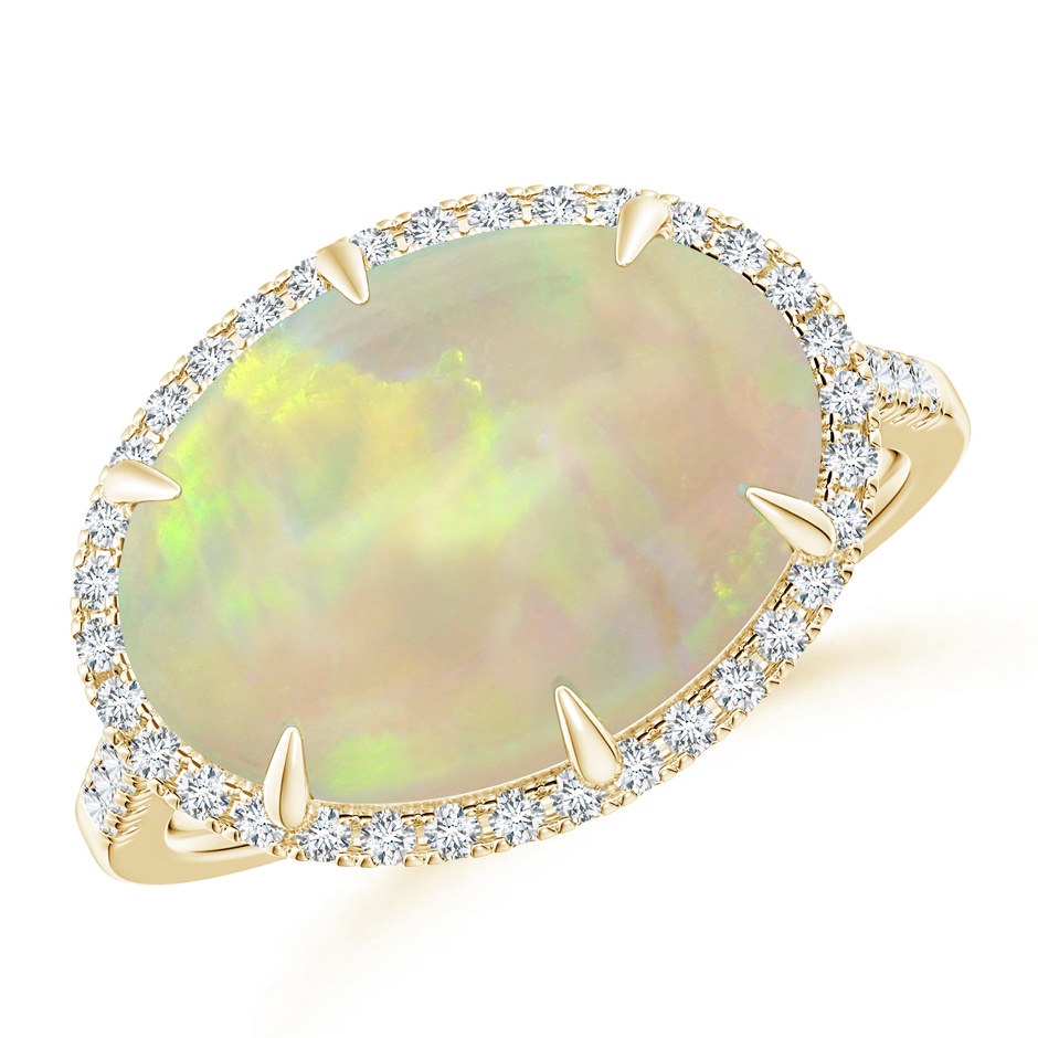 14.35x10.26x3.88mm AAA GIA Certified East-West Oval Opal Ring with Diamond Halo in 18K Yellow Gold 