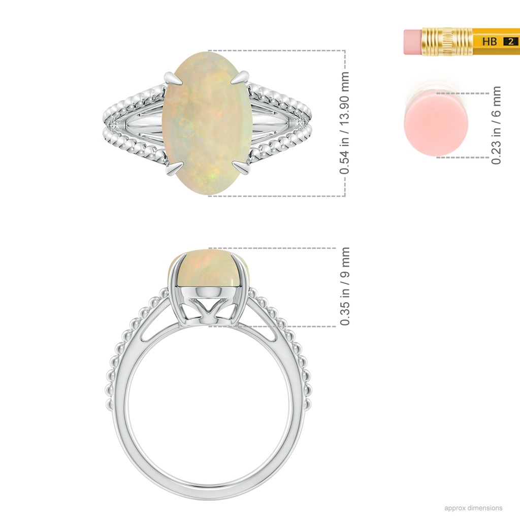 14.05x10.00x4.30mm AAA GIA Certified Oval Opal Ring with Beaded Split Shank in White Gold ruler