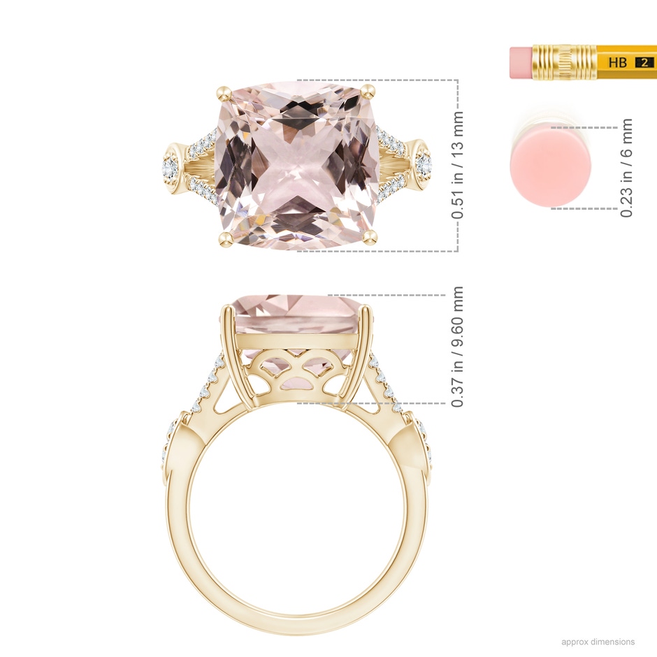 13.00x12.94x8.80mm AAA GIA Certified Cushion Morganite Split Shank Ring in Yellow Gold ruler