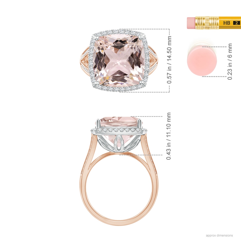 13.00x12.94x8.80mm AAA GIA Certified Cushion Morganite Halo Ring in Two Tone in White Gold Rose Gold ruler