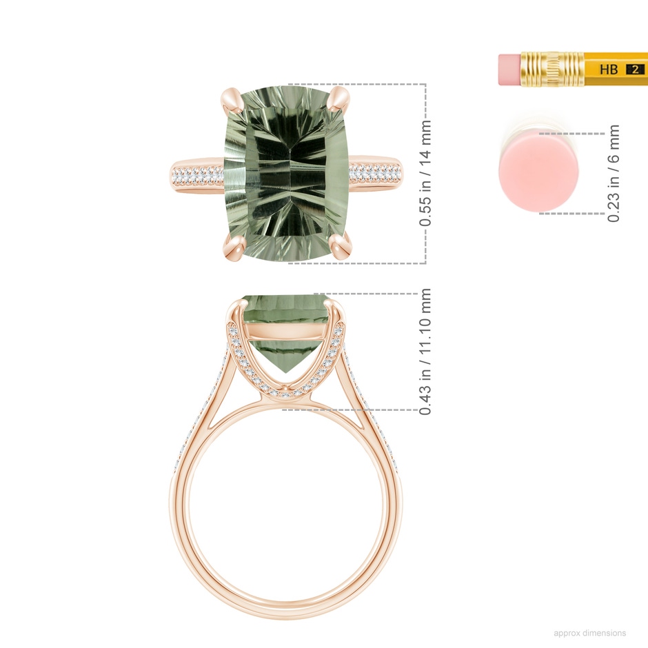 14.06x10.04x6.97mm AAAA GIA Certified Rectangular Cushion Green Amethyst Ring with Diamonds in Rose Gold ruler