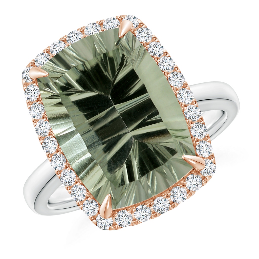 14.06x10.04x6.97mm AAAA GIA Certified Rectangular Cushion Green Amethyst Ring with Halo in White Gold Rose Gold