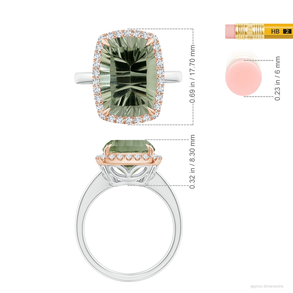 14.06x10.04x6.97mm AAAA GIA Certified Rectangular Cushion Green Amethyst Ring with Halo in White Gold Rose Gold ruler