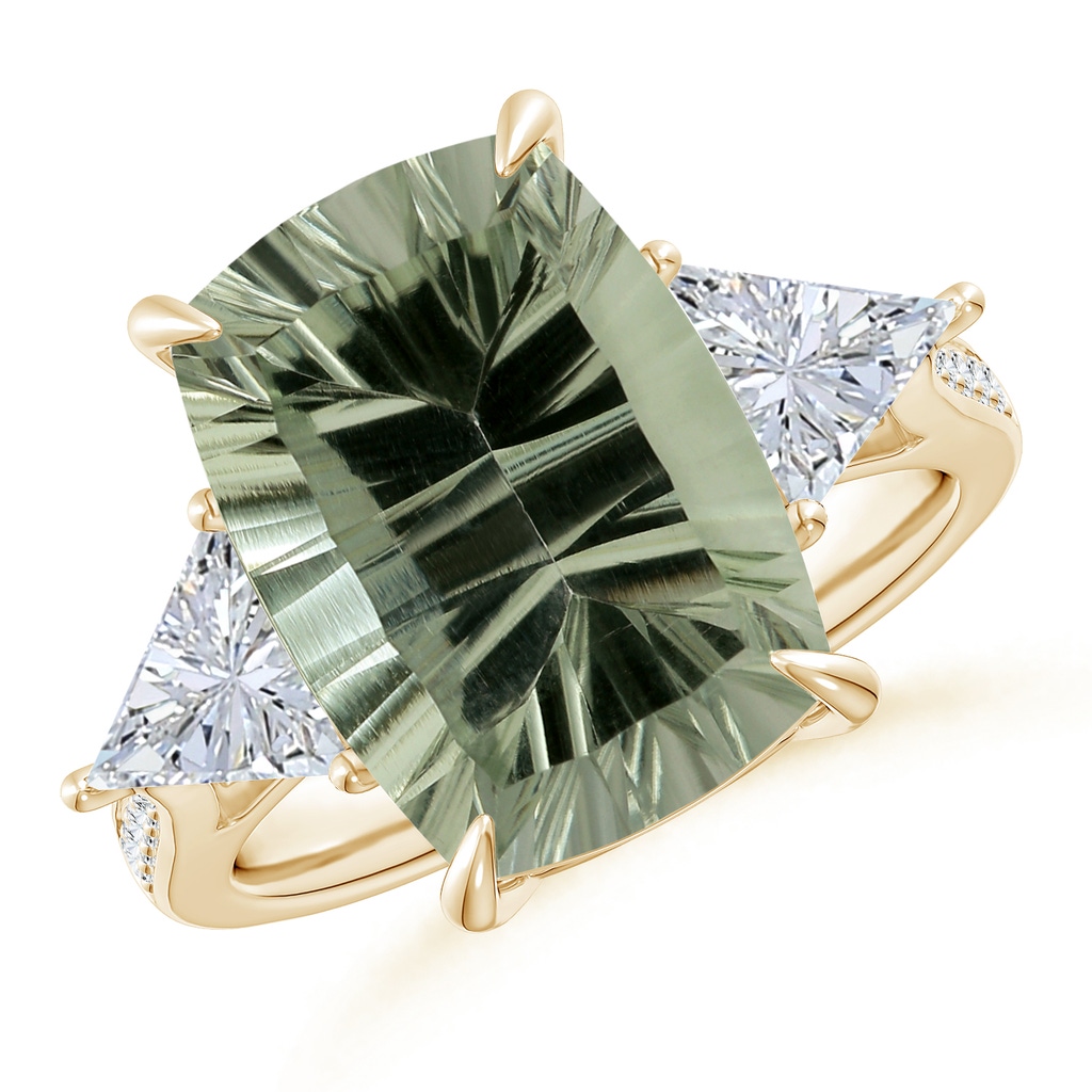 14.06x10.04x6.97mm AAAA GIA Certified Classic Green Amethyst Three Stone Ring with Diamonds in 10K Yellow Gold