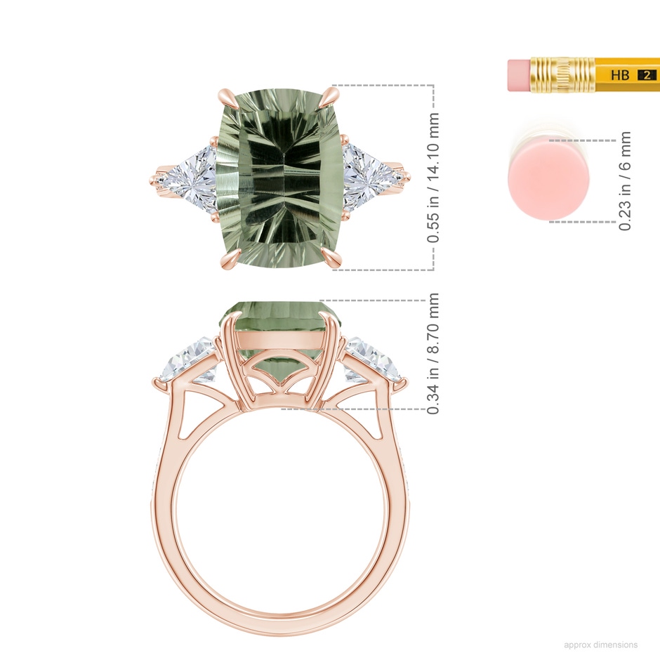 14.06x10.04x6.97mm AAAA GIA Certified Classic Green Amethyst Three Stone Ring with Diamonds in 18K Rose Gold ruler