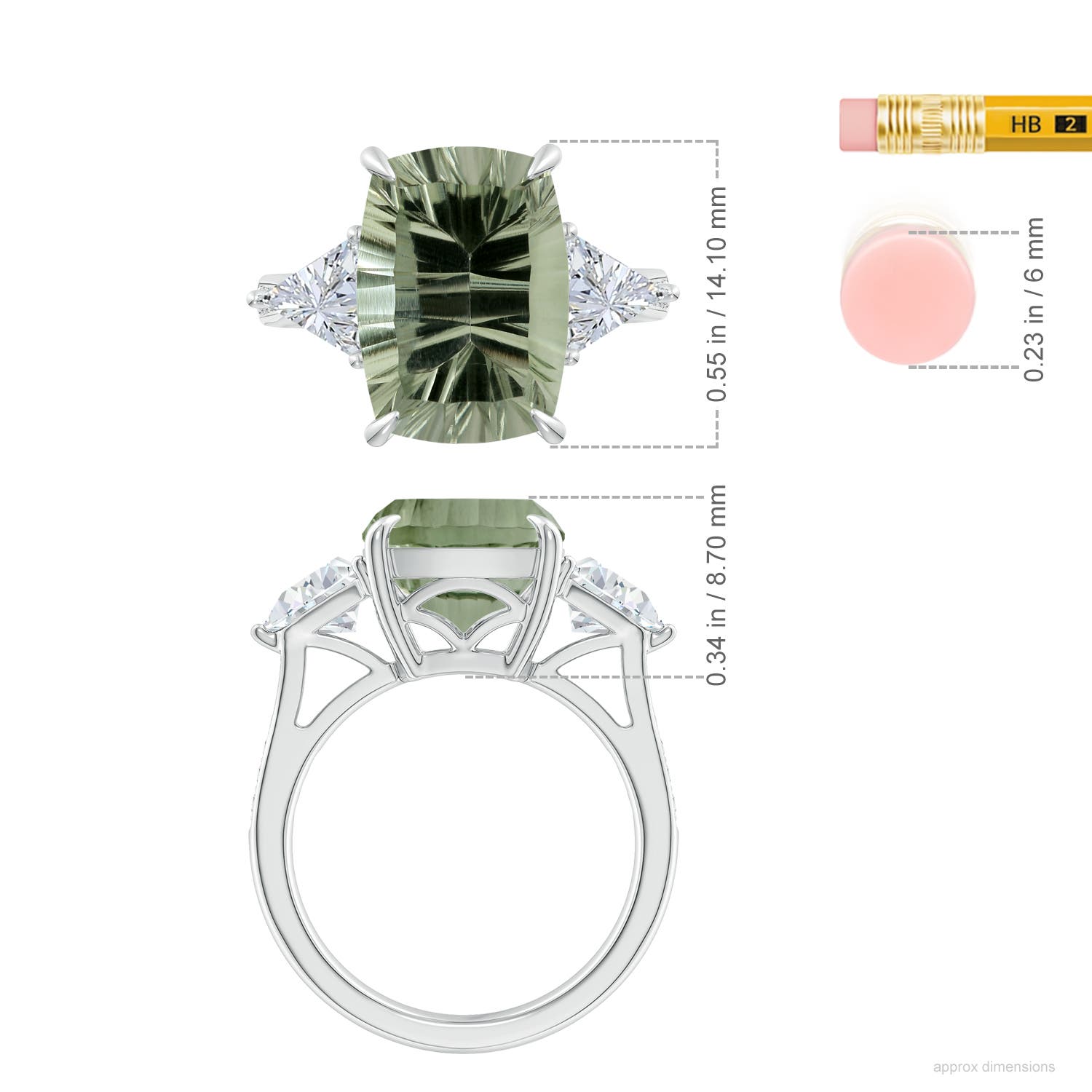 14.06x10.04x6.97mm AAAA GIA Certified Classic Green Amethyst Three Stone Ring with Diamonds in White Gold - ruler