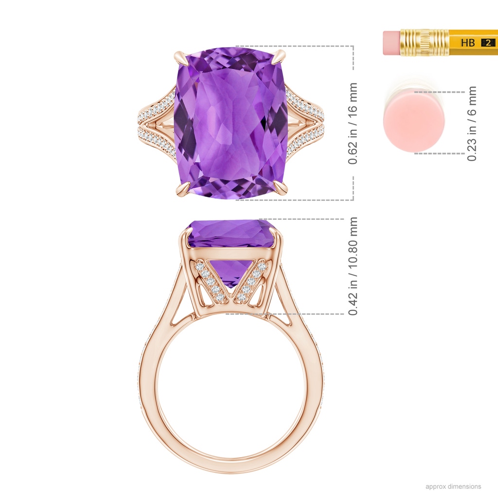 16.03x12.09x7.19mm A GIA Certified Rectangular Cushion Amethyst Split Shank Ring. in Rose Gold ruler