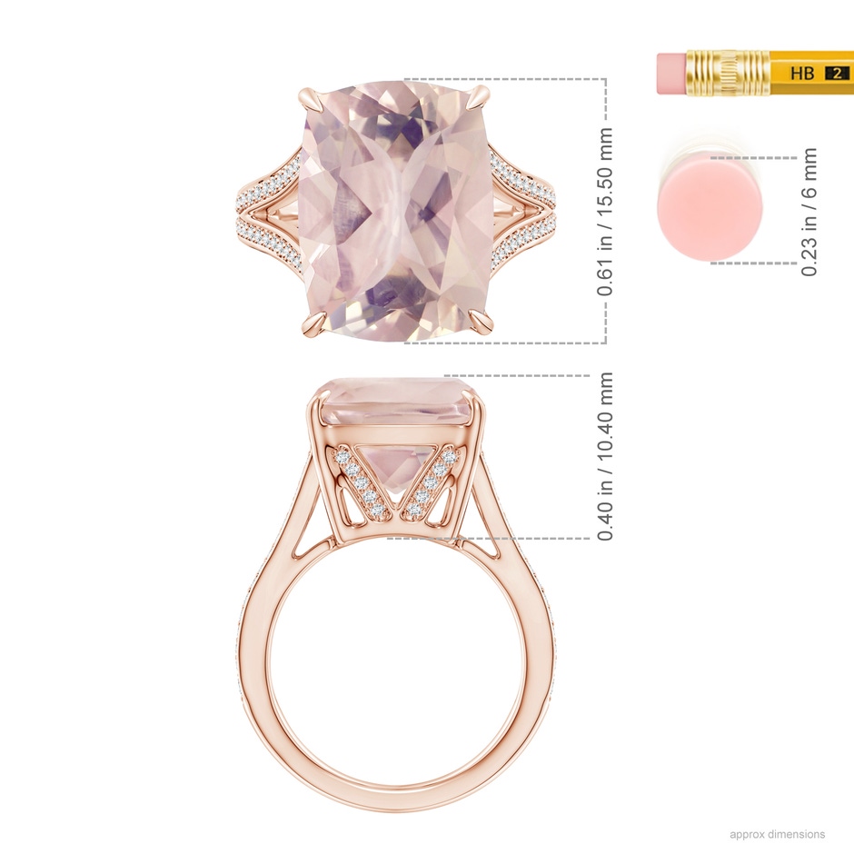 15.92x12.05x7.87mm AAAA GIA Certified Cushion Rectangular Rose Quartz Split Shank Ring in 10K Rose Gold ruler