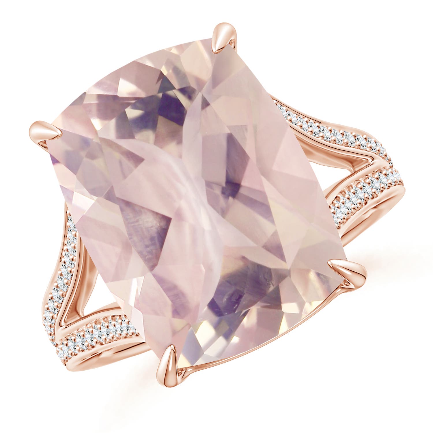 15.92x12.05x7.87mm AAAA GIA Certified Cushion Rectangular Rose Quartz Split Shank Ring in 18CT Rose Gold