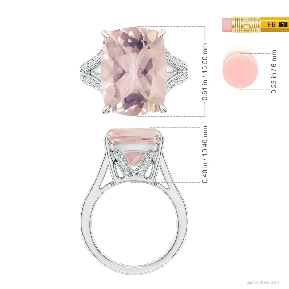 15.92x12.05x7.87mm AAAA GIA Certified Cushion Rectangular Rose Quartz Split Shank Ring in White Gold ruler