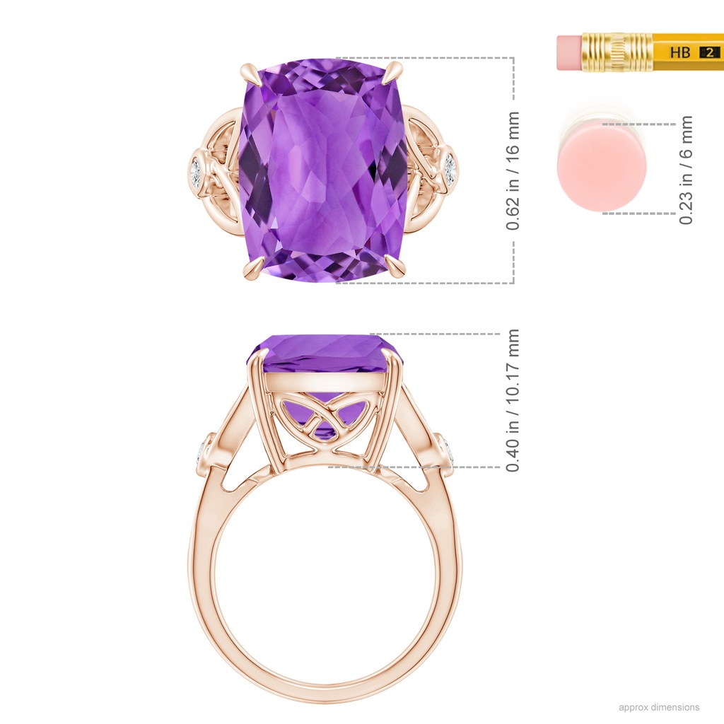 16.03x12.09x7.19mm A GIA Certified Rectangular Cushion Amethyst Celtic Knot Ring. in Rose Gold ruler