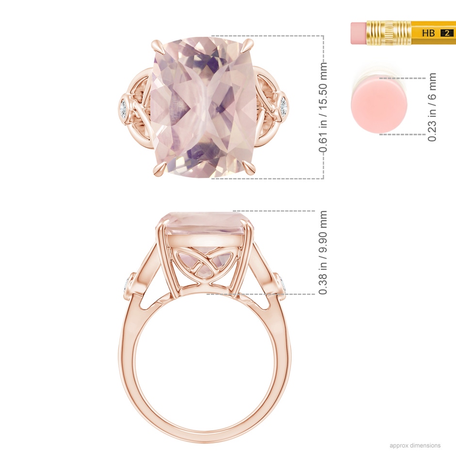 15.92x12.05x7.87mm AAAA GIA Certified Cushion Rectangular Rose Quartz Celtic Knot Ring in 10K Rose Gold ruler