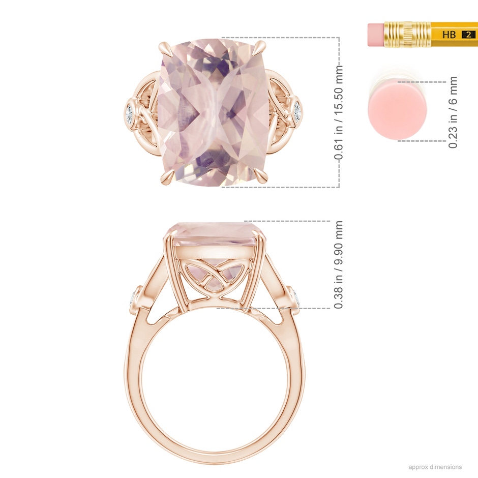 15.92x12.05x7.87mm AAAA GIA Certified Cushion Rectangular Rose Quartz Celtic Knot Ring in Rose Gold ruler