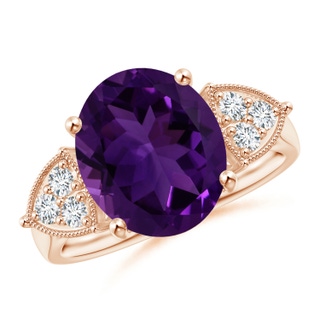 12.09x10.12x6.52mm AAA GIA Certified Oval Amethyst Cocktail Ring with Trio Diamonds in 10K Rose Gold