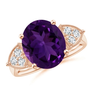 12.09x10.12x6.52mm AAA GIA Certified Oval Amethyst Cocktail Ring with Trio Diamonds in 9K Rose Gold