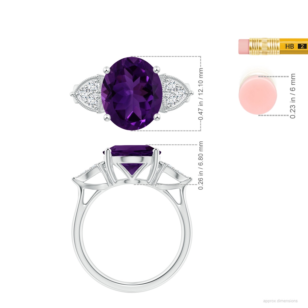 12.09x10.12x6.52mm AAA GIA Certified Oval Amethyst Cocktail Ring with Trio Diamonds in White Gold ruler