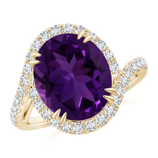 12.09x10.12x6.52mm AAA GIA Certified Oval Amethyst Bypass Shank Ring with Diamonds in 10K Yellow Gold