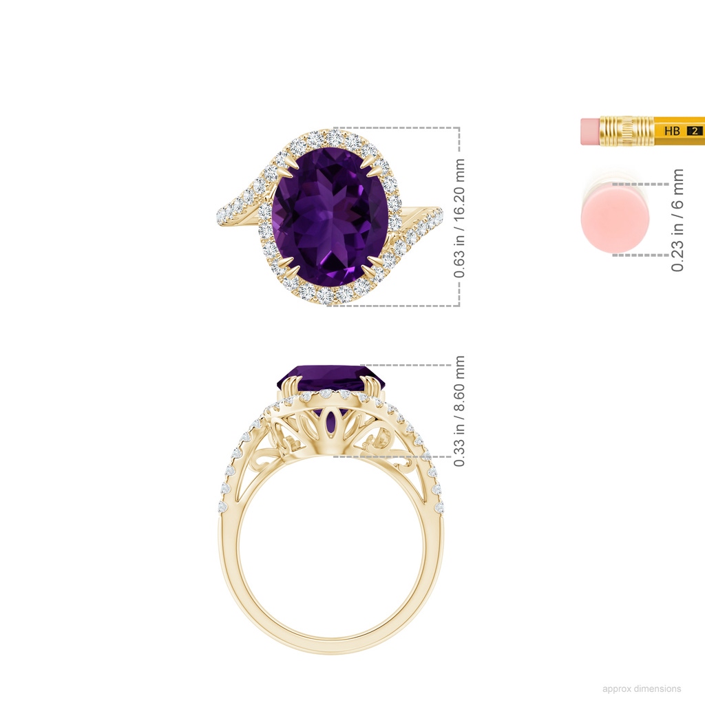 12.09x10.12x6.52mm AAA GIA Certified Oval Amethyst Bypass Shank Ring with Diamonds in 10K Yellow Gold ruler