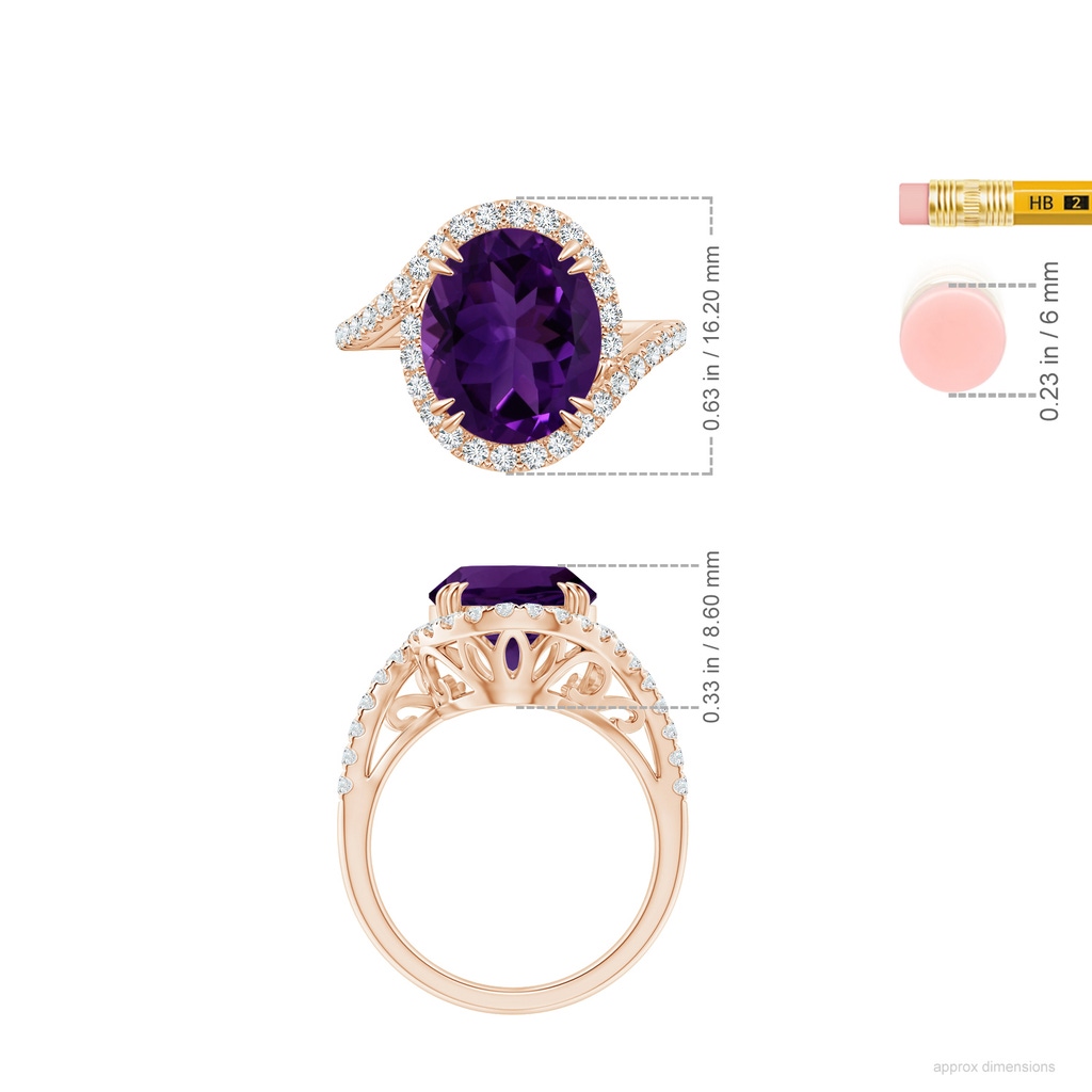 12.09x10.12x6.52mm AAA GIA Certified Oval Amethyst Bypass Shank Ring with Diamonds in 9K Rose Gold ruler